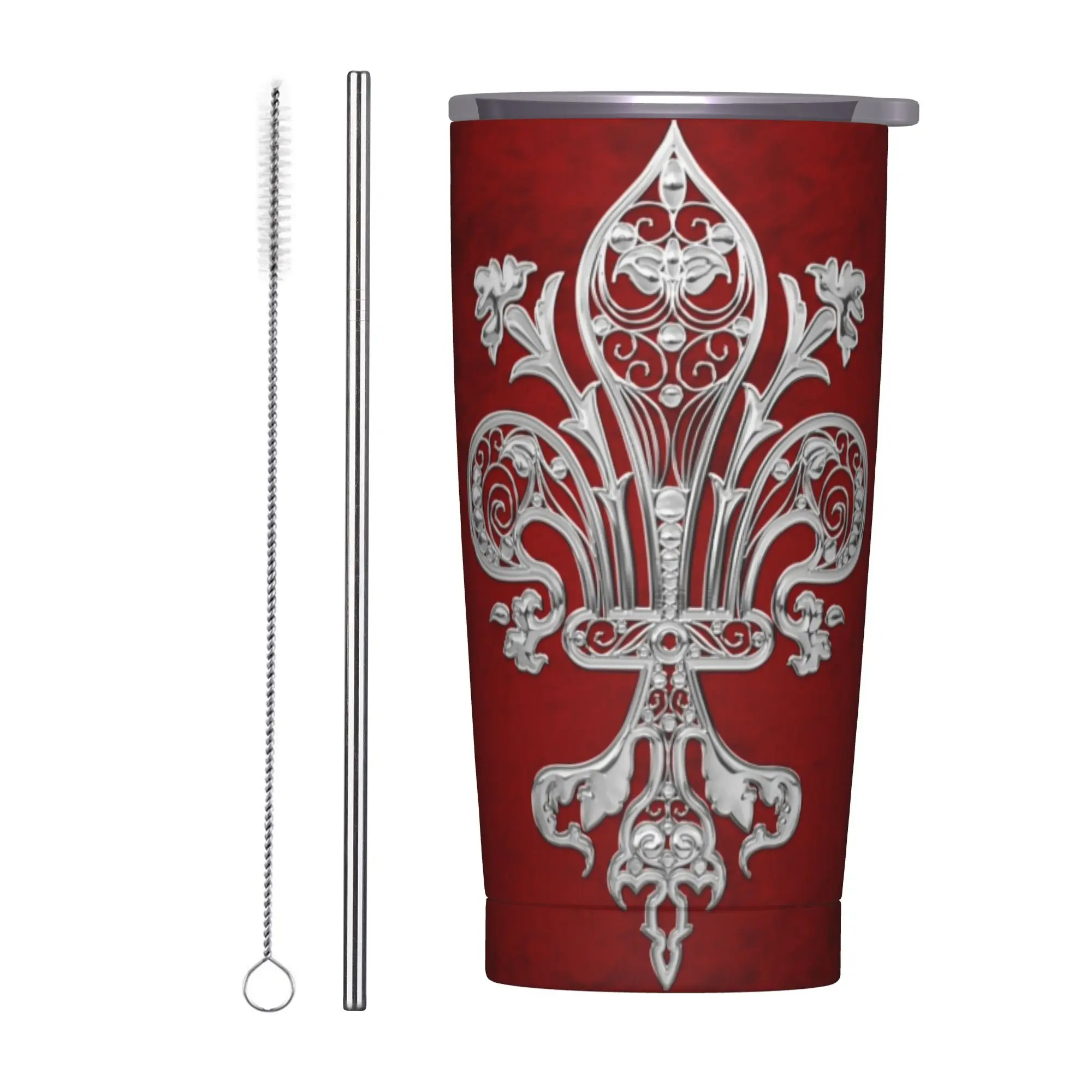 

Silver Filigree Fleur De Lis Tumbler Vacuum Insulated Stainless Steel Travel Outdoor Mug Tags Water Bottle 20oz