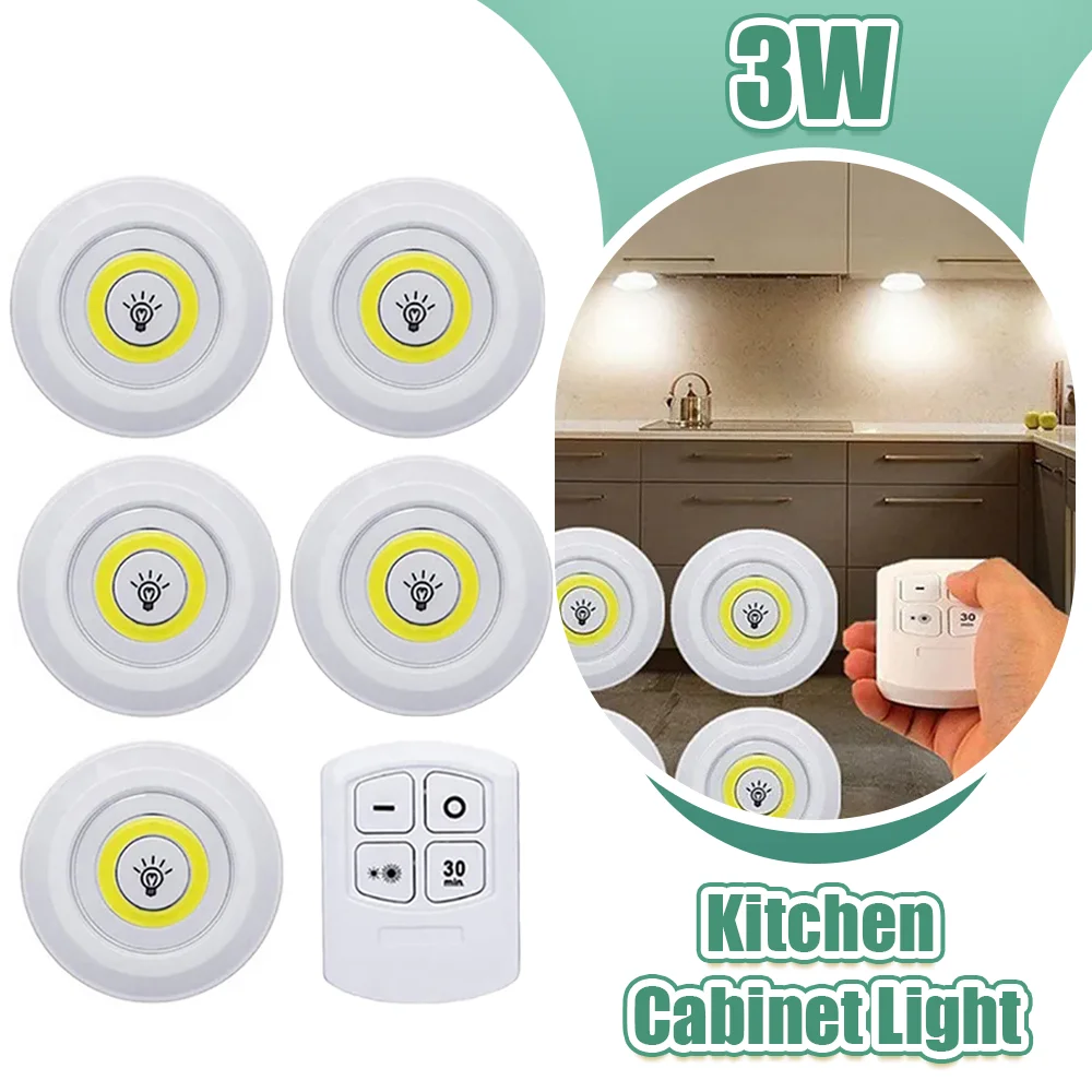 3W Super Bright Cob Under Cabinet Light LED Wireless Remote Control Dimmable Wardrobe Night Lamp Home Bedroom Cabinet Nightlight