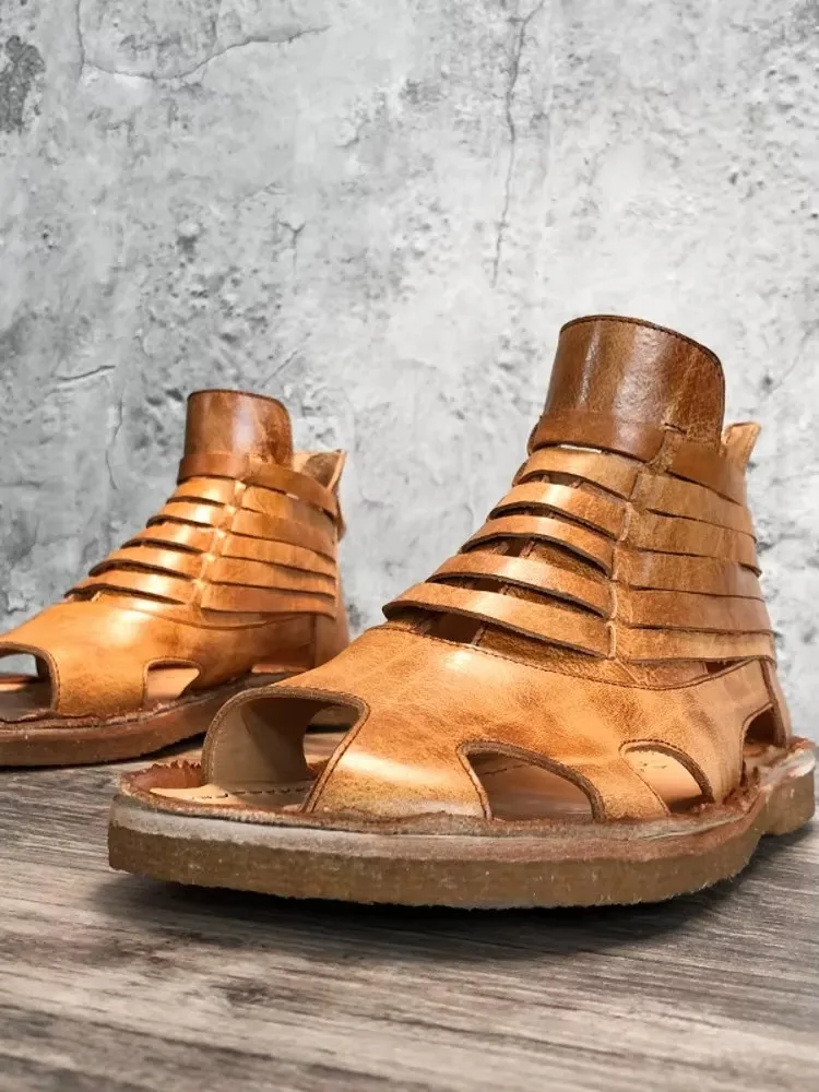 2025 Summer Mens Cowhide Genuine Leather Sandals Weave Open Toe High Top Gladiator Shoes Casual Breathable Outside Beach Sandals