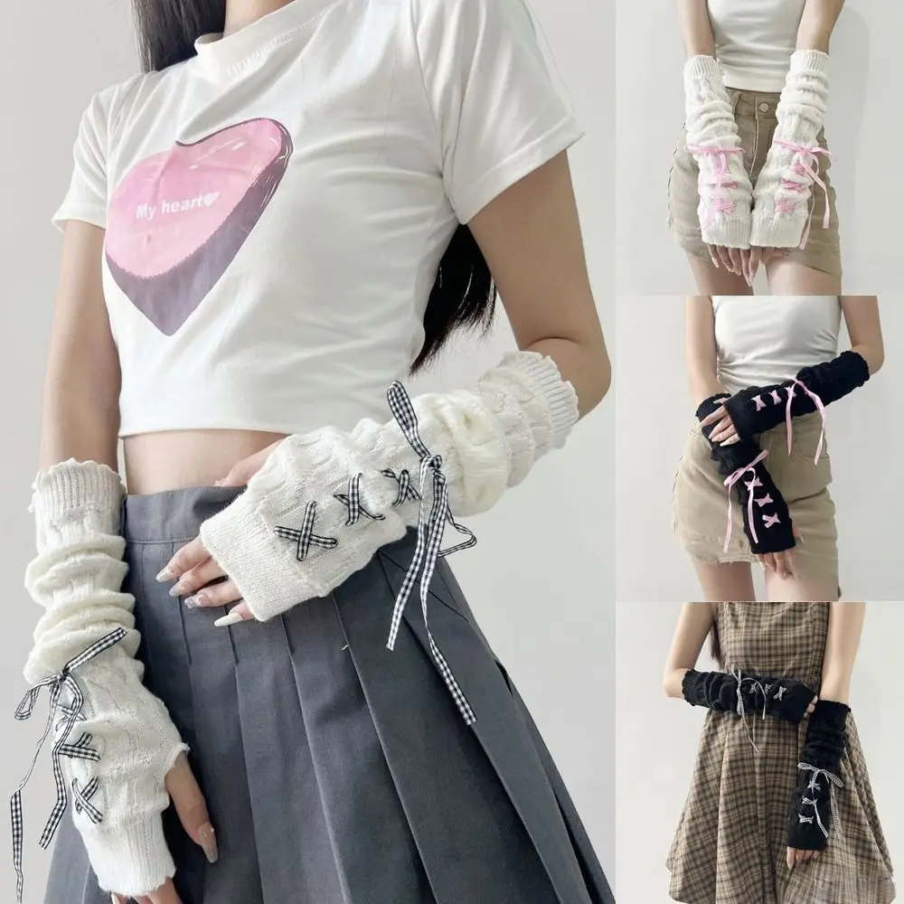 Neue lange Armwärmer-Handschuhe, gestrickt, kältebeständig, warme Armmanschette mit Band, fingerlose Handschuhe für Herbst und Winter
