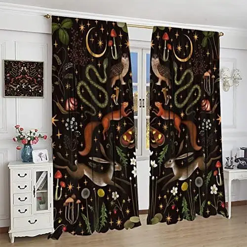 Rustic Forest Blackout Curtains Fairy Tale Forest Land Wild Animals Moths and Flowers Moon Star Background Suitable Farmhouse