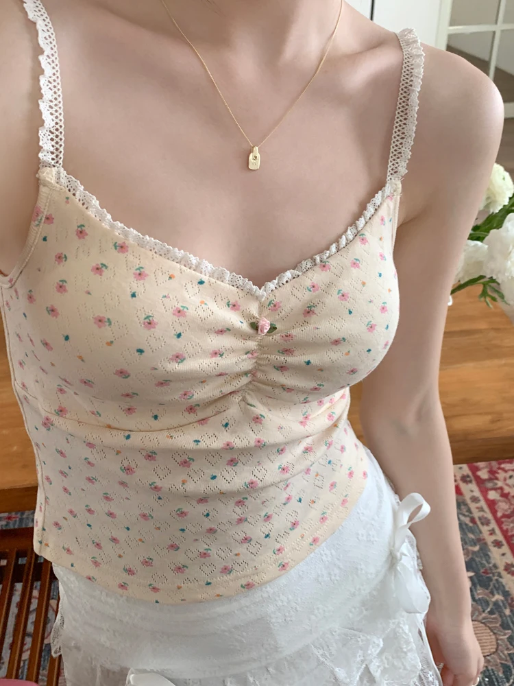 7colors 2024 Women Summer korean Chic style Camis Rose Bra Tops sleeveless Sweet Slim Breif Lace Patch Tank Tops womens(X3207)