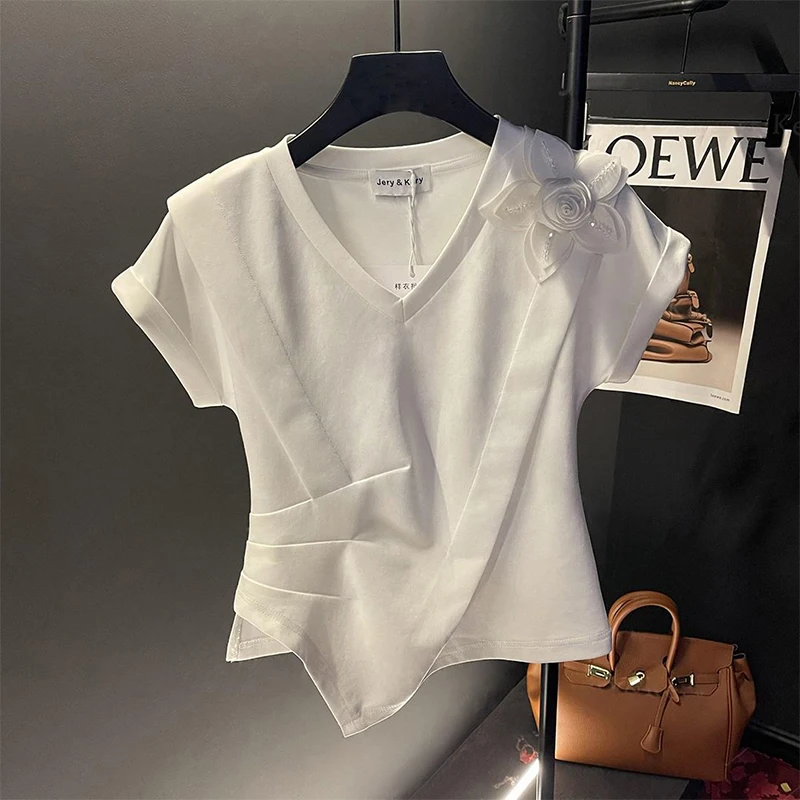 T Shirts Oversized T-shirts Cotton Tees Camisetas Crop Top 2024  for Women Y2k Irregular White Rose Tshirt