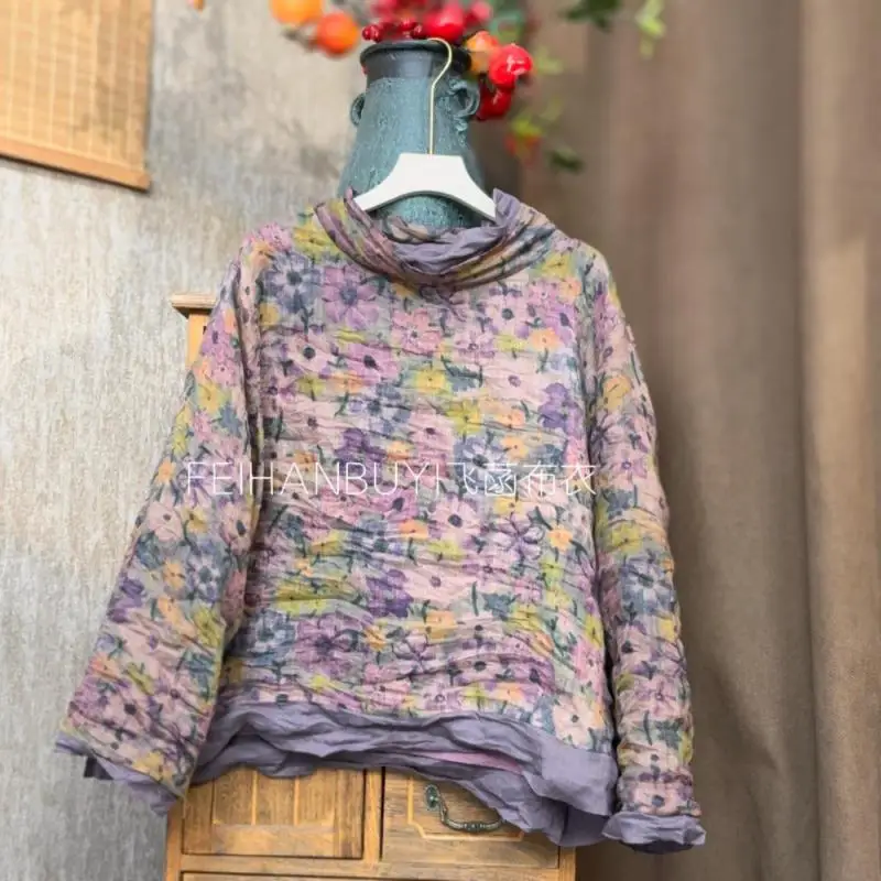 

Spring Autumn Arts Style Women Long Sleeve Turtleneck Loose Tops Tees Vintage Floral Print Double-deck Ramie T-shirt High Qualit