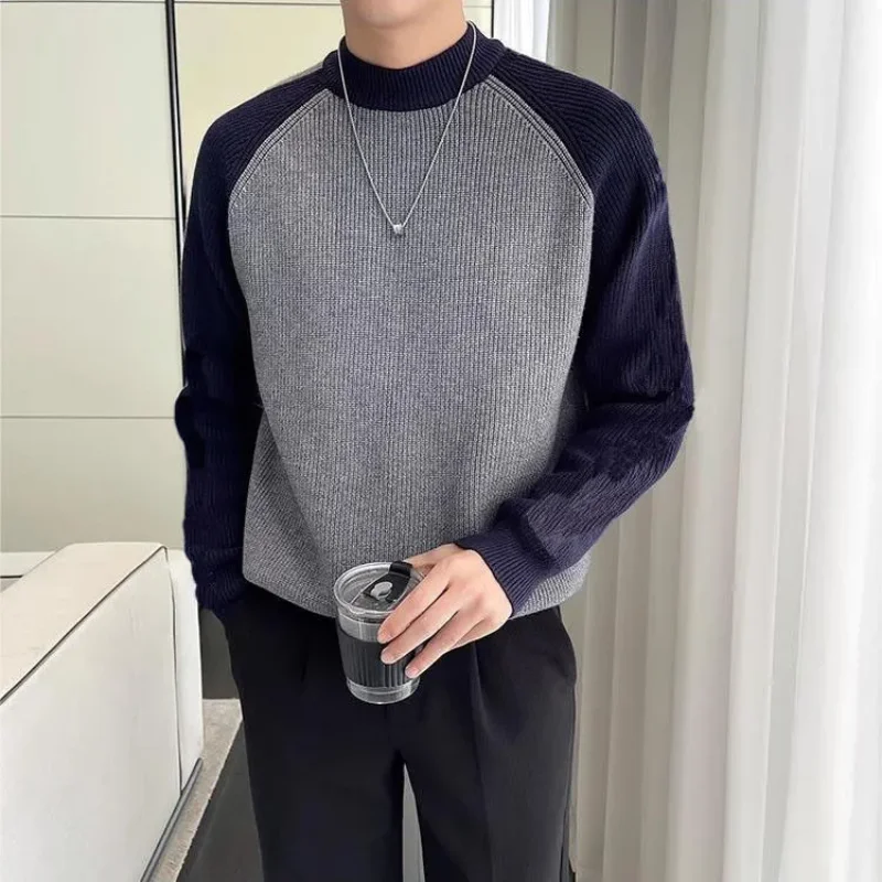 Contrast Color Splicing Crew Neck Sweater Men's Autumn and Winter Korean Style Versatile Sweater Pullover Crew Neck Top