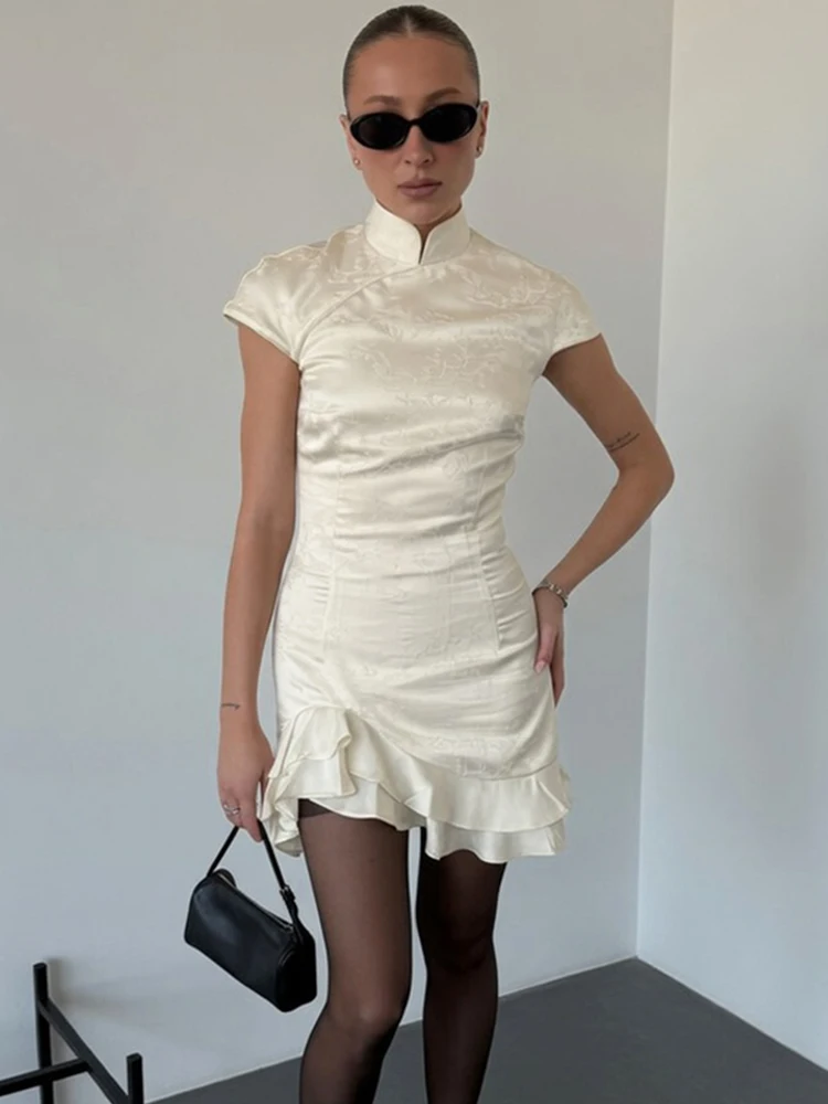 

Trendix Women's Elegant Satin Evening Dress Fashion Stand Neck High Waist Slim Mini Dresses Party Sexy Short Sleeve Ruffle Dress