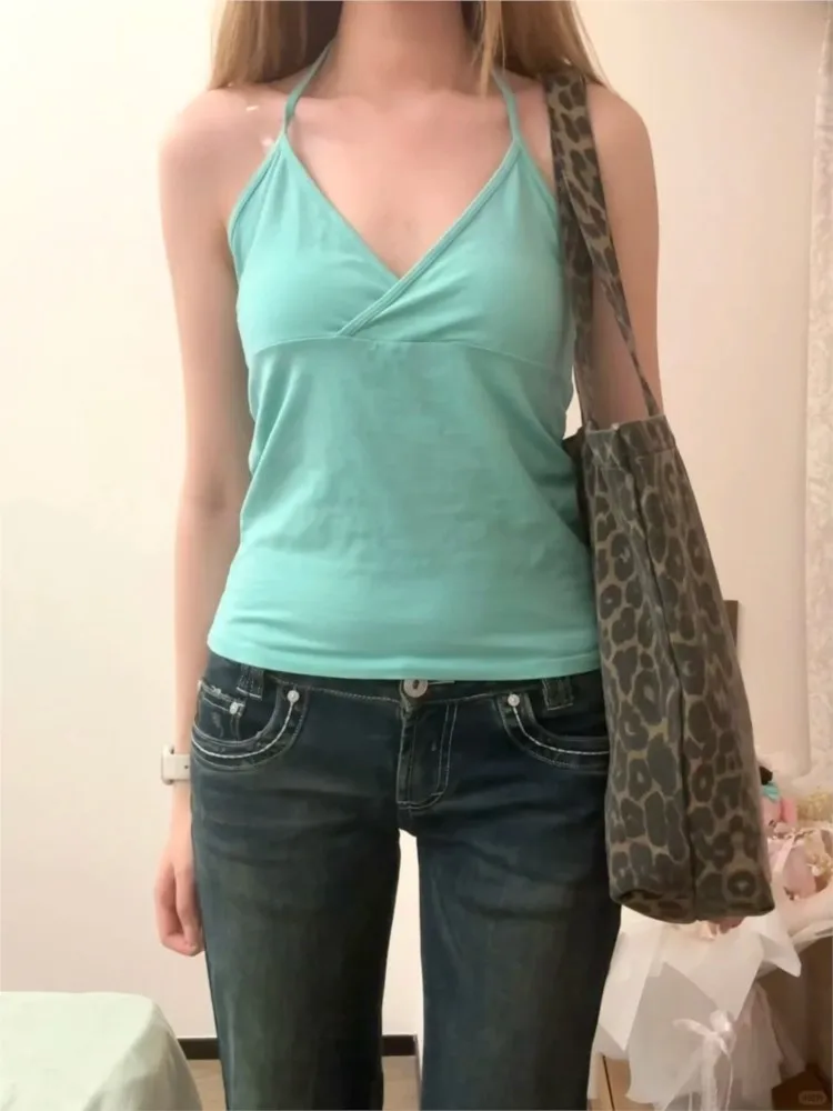 Solid Halter Slim Tank Top Women Summer Simple Basic Cross V-neck Backless Cropped Camisole Female Vintage Cotton Crop Tops Y2K