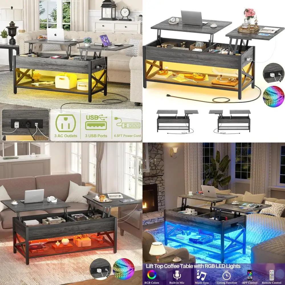 

Modern LED-lit Lift-Top Coffee Table with Power Outlet, Storage Shelf, and Metal Frame in Black Oak Finish