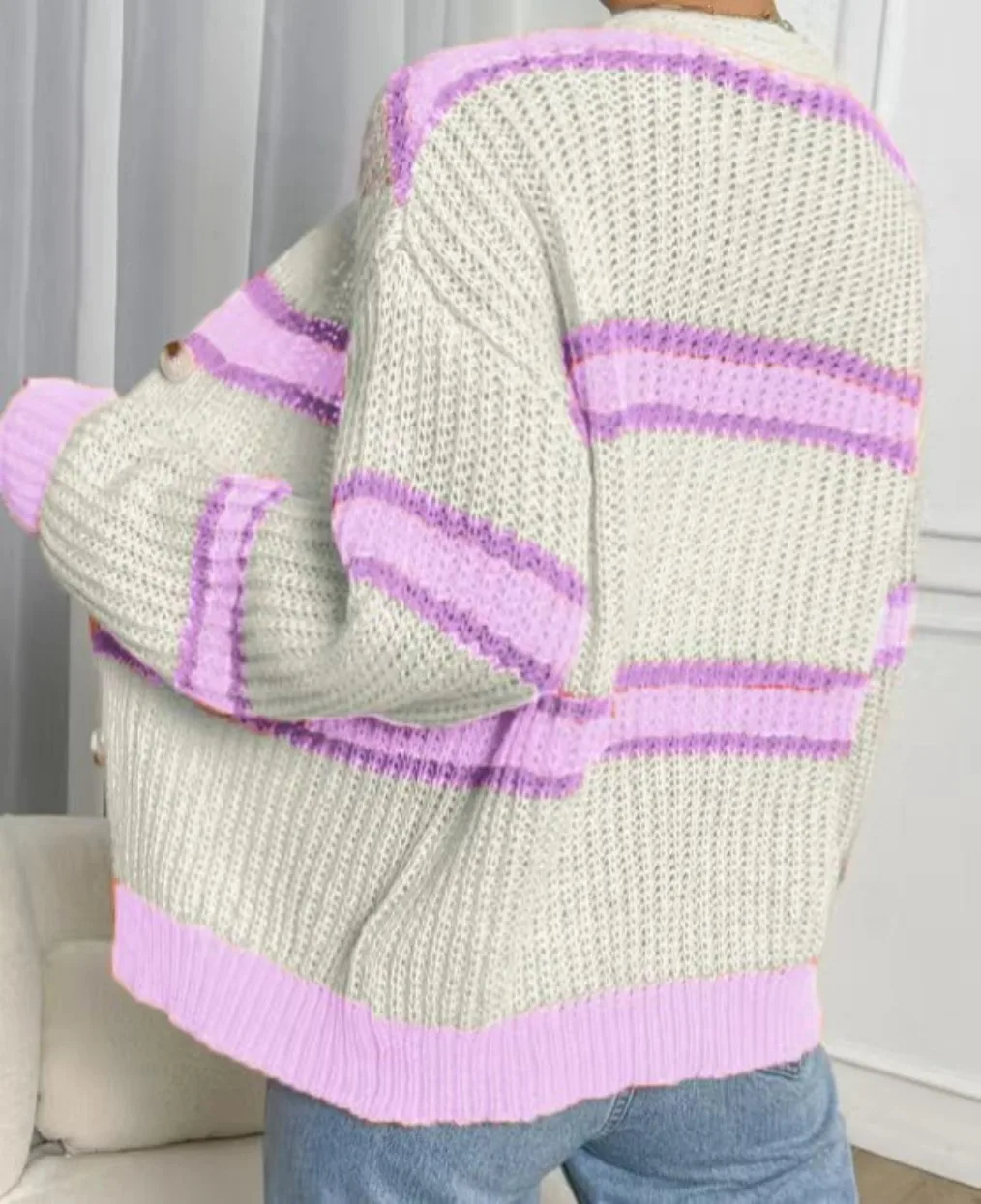 Autumn and winter cardigan sweater loose with striped knitted top lazy coat women