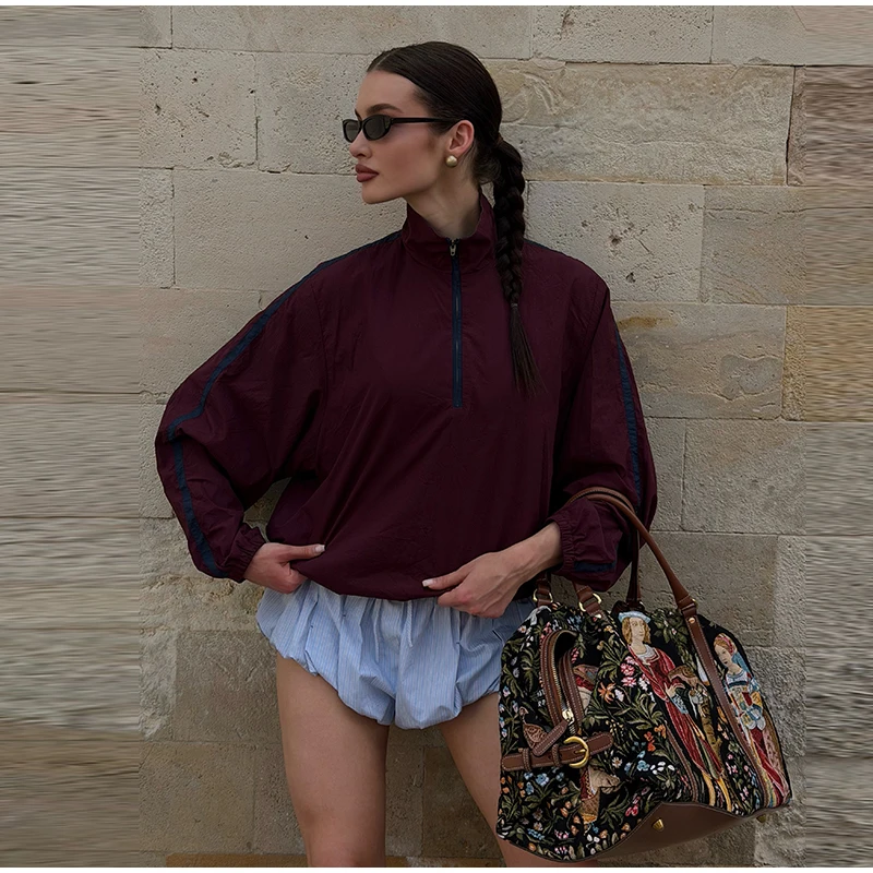 Halb-Reißverschluss Oversize-Mäntel für Damen, Street-Style Stehkragen, Laternenärmel, Paneelierte Lose Passende Jacken, Schicke Damen-Oberbekleidung – Detail 10