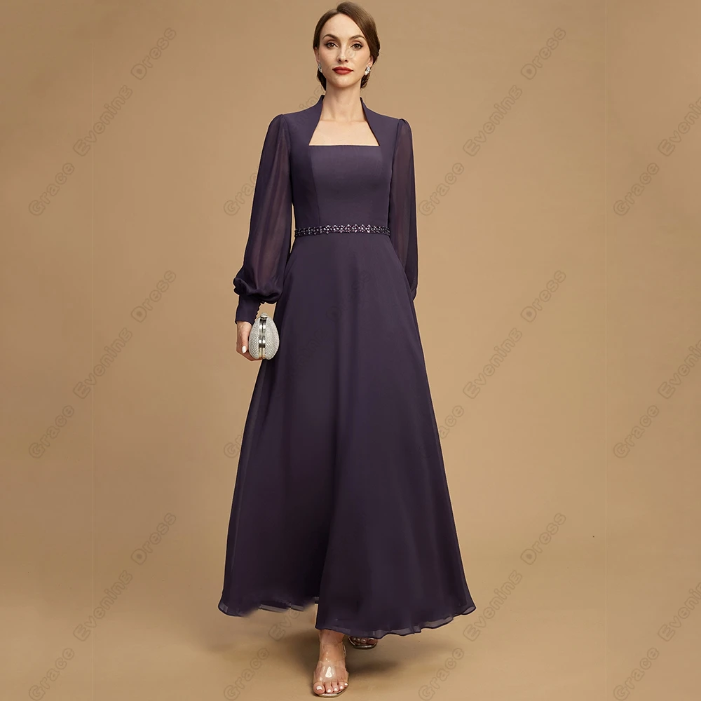 

Gorgeous Square Collar Mother of Bride Dresses for Women Beading 2023 Full Sleeve Wedding Party Gown Chiffon Vestido De Noche