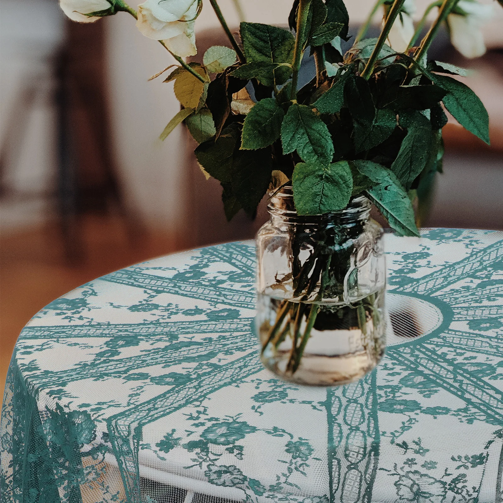 

Elegant Dark Green Lace Tablecloth Round Wedding Party Decor Floral Design Romantic Atmosphere Vintage Charm Bridal Shower