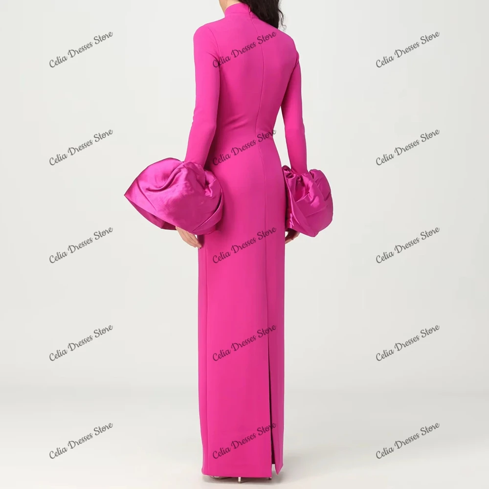 Fuchsia  Jersey High Neckline Formal Evening Dress Woman Long Sleeves Special Occasion Gowns Floor Length Back Slit Prom Dress