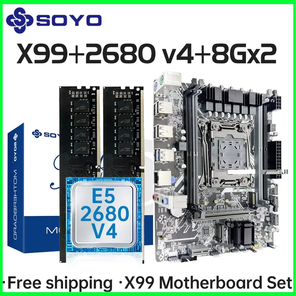 SOYO X99 Gaming Motherboard Set with Intel Xeon E5 2680 V4 CPU& DDR4 8Gx2 2133MHz Dual Channel ECC RAM M.2 NVME for Desktop PC