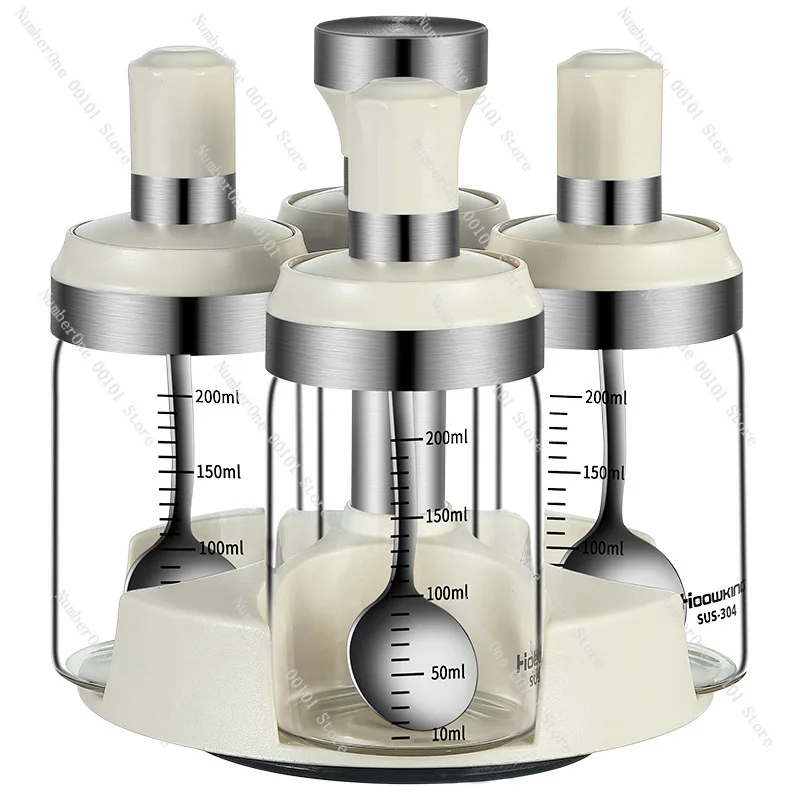 

Glass rotating seasoning combination set | Household spoon cover integrated seasoning jar