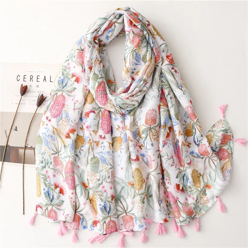 

New Women Fashion Luxury Aztec Floral Tassel Viscose Scarf Lady Print Soft Shawls and Wraps Pashmina Muslim Hijab Snood 180*90Cm