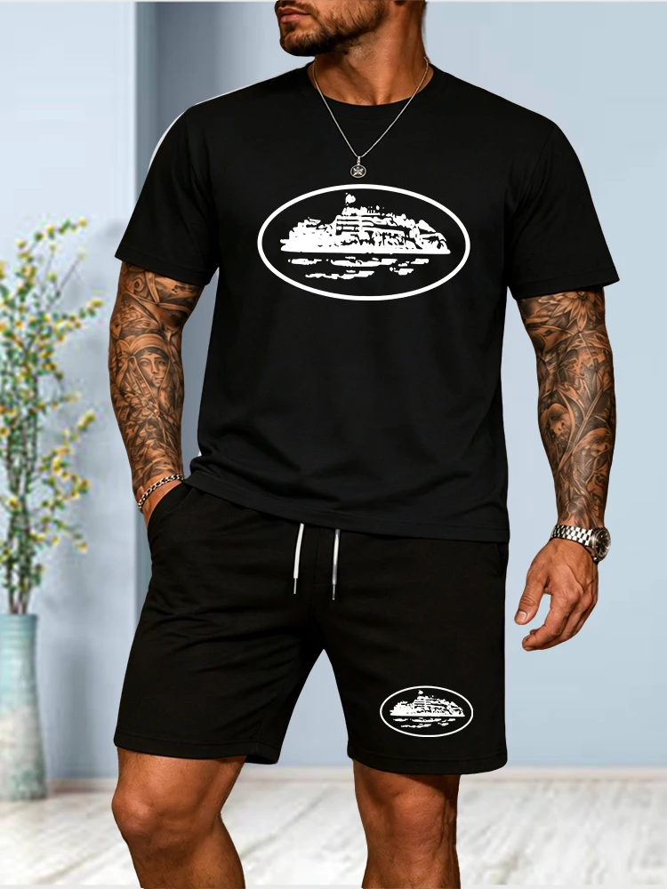 2026 Summer New Small Boat Printed Two-piece T-shirt and Shorts Loose Round Neck Breathable Half Sle