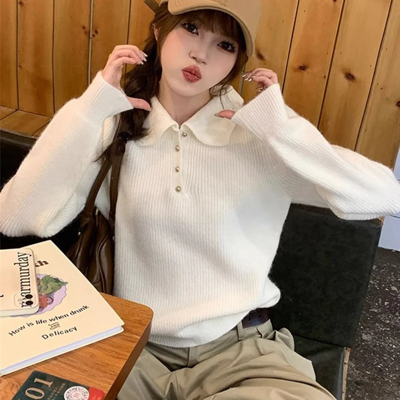 2026 Chic Turn Down Collar Knitted Sweaters Women Button Up Solid Color Sweater Pullovers Woman Korean Long Sleeve Jumpers Mujer