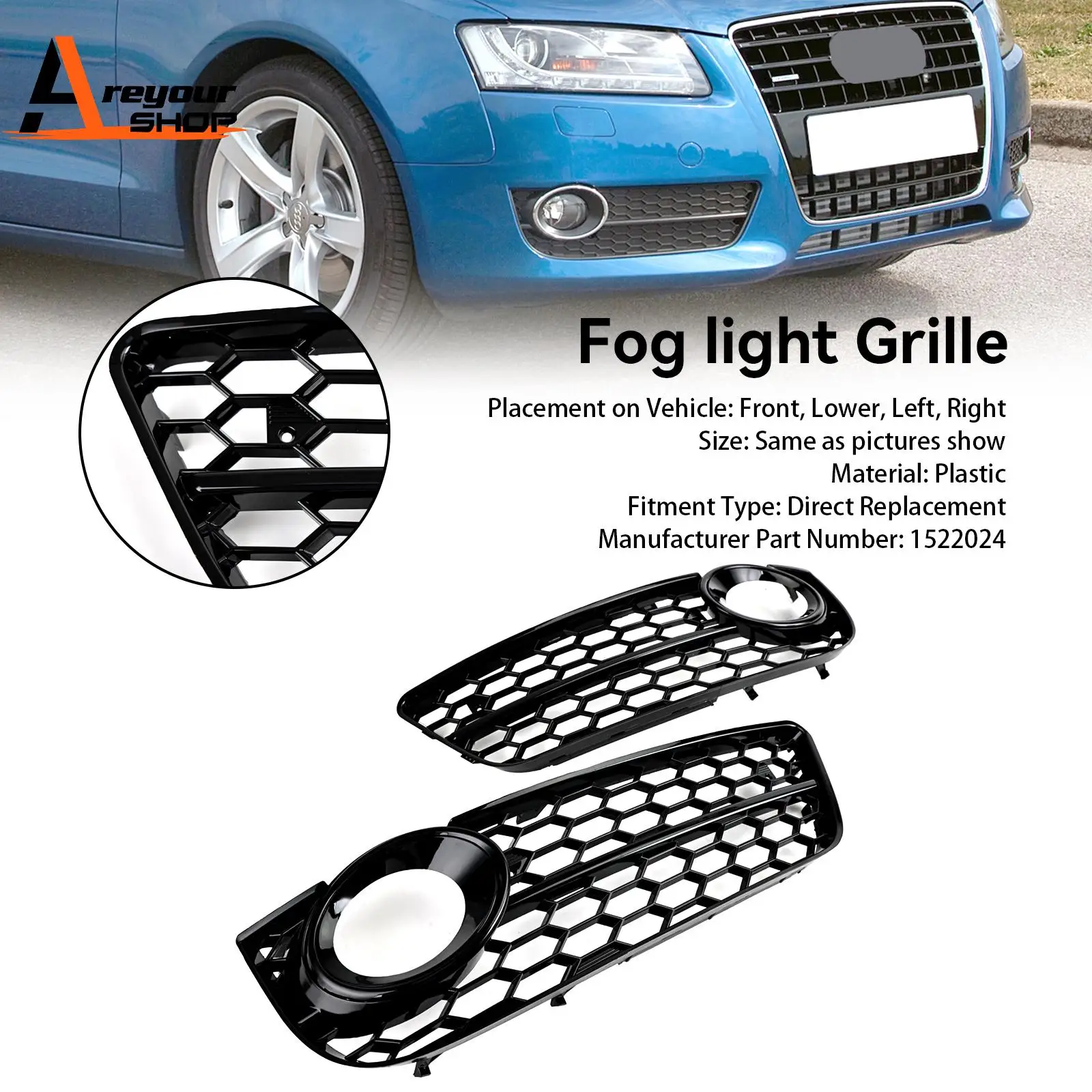 Pair Honeycomb Front Fog Lamp Cover Grille Grill Fit for Audi A5 2007 2008 2009 2010 2011