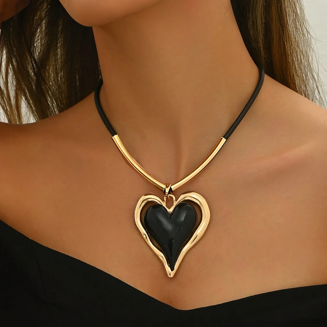 Oversized Black & Gold Heart Pendant Choker Necklace, Bold Statement Black Cord Clavicle Chain for Women