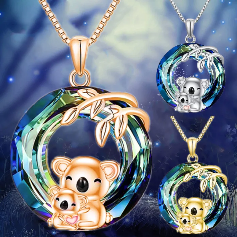 Fashion Mother Child Koala Bear Crystal Necklace Engagement Necklaces for Women Stainless Steel Animal Jewelry Halloween Gift