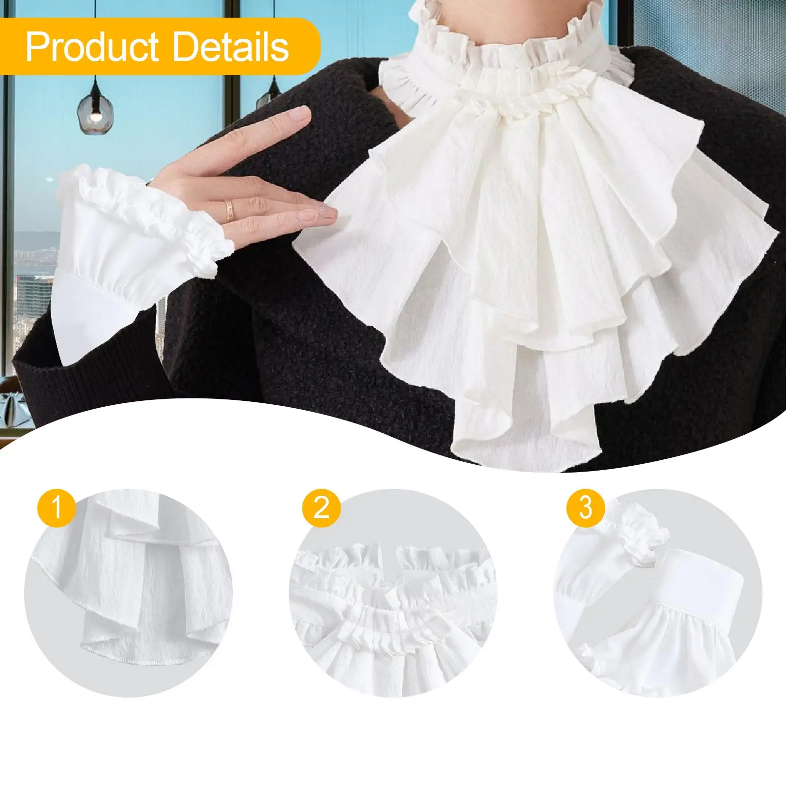 Elegant White Jabot and Cuffs Set for Women with Faux Sleeve and Layered Collar for Halloween Cosplay Steampunk Clothing Stage