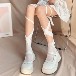 Calzini Lolita incrociati con fasciatura irregolare Calzini da donna con cinturino a nastro Calzini lunghi con punta sexy in pizzo Bowknot Calze traspiranti Calze Calzino