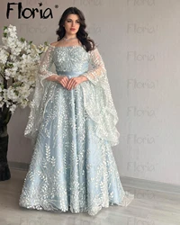 Boat Neck Trumpet Sleeve A Line Blue Prom Dresses Beading Luxury 2024 Wedding Party Gowns Vestidos De Fiestas Elegantes Mujer