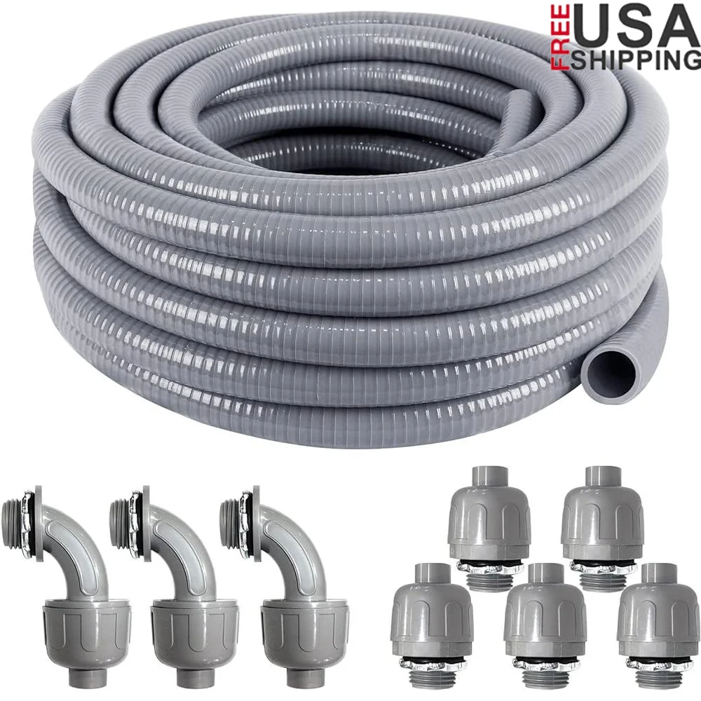 1inch 25ft Flexible Liquid Tight Electrical Conduit Kit with 5 Straight 3 Angle Connectors Non Metallic PVC Waterproof