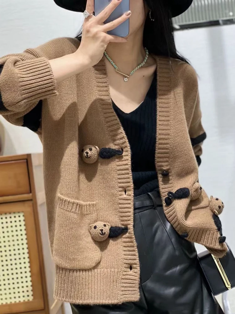 Oversize Women\'s Cardigan 100% Australian Wool V-neck Jumper Little Bear Concise Elegant Sweater Knitwear Coat Top Fashion Trend