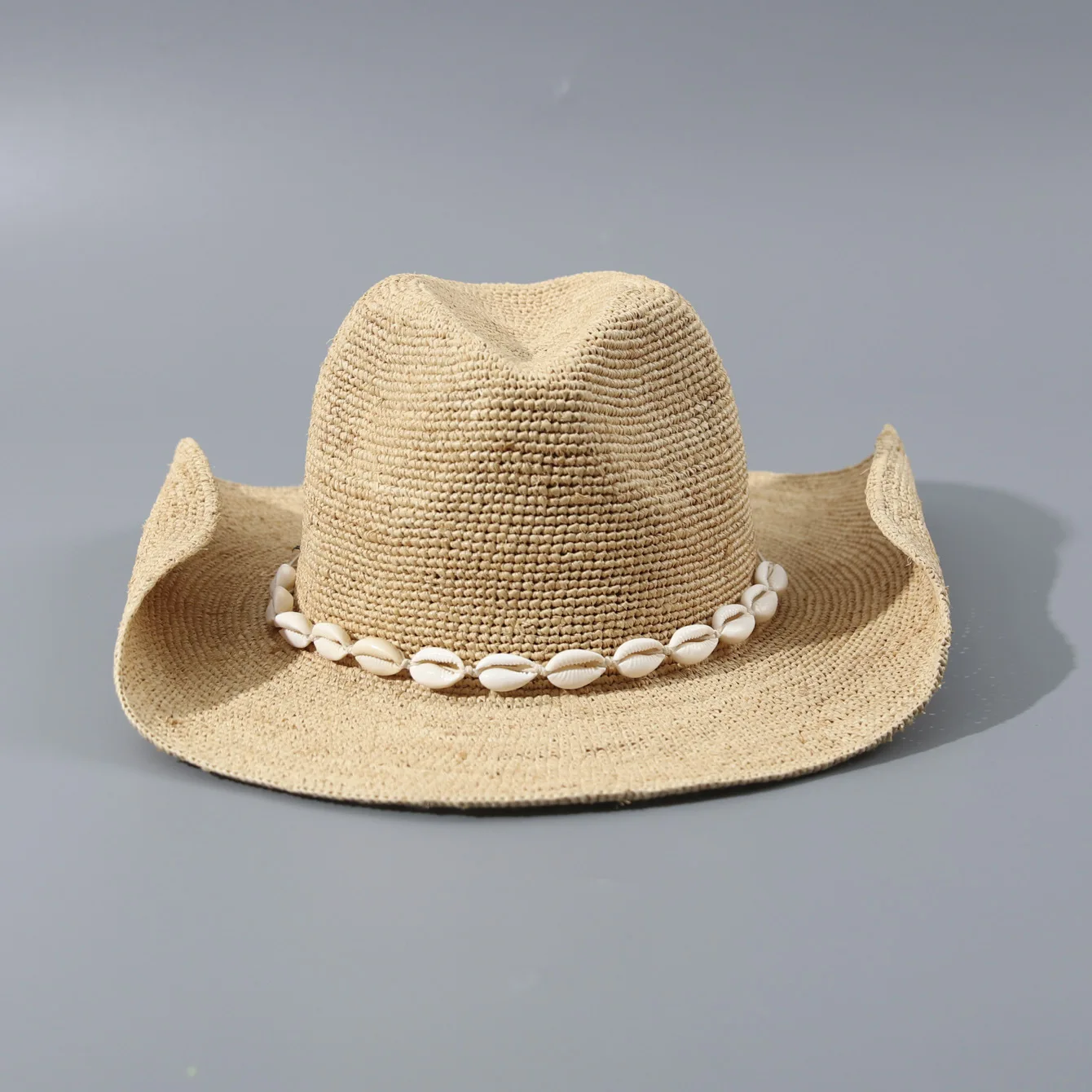 Amazon High End Hand Crochet Rafia Cowboy Hat with Shell, Panama Straw Beach Sun Cap