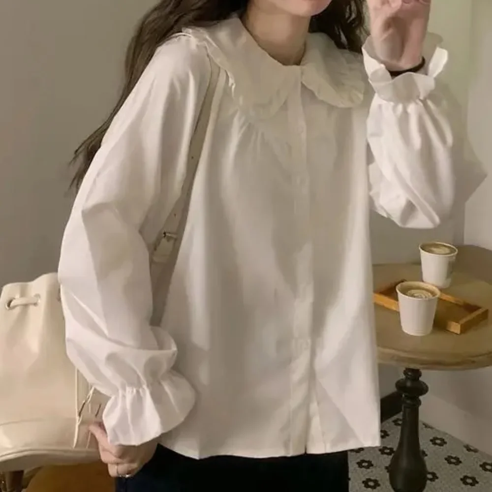 Vintage Women White Shirt Preppy Style Fashion Elegant Female Long Sleeve Blouse Y2K Sweet Kawaii All Match Ruffle Lolita Shirts