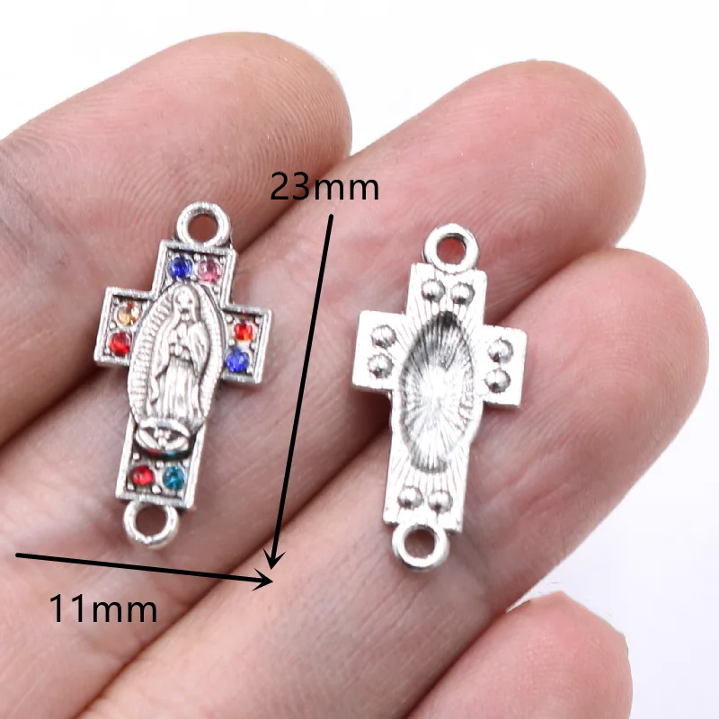 12pcs Silver Plated Handmade Colored Rhinestone Catholic Virgin MariaTag Cross Church Connectors DIY Charm Jewelry Crafts Making