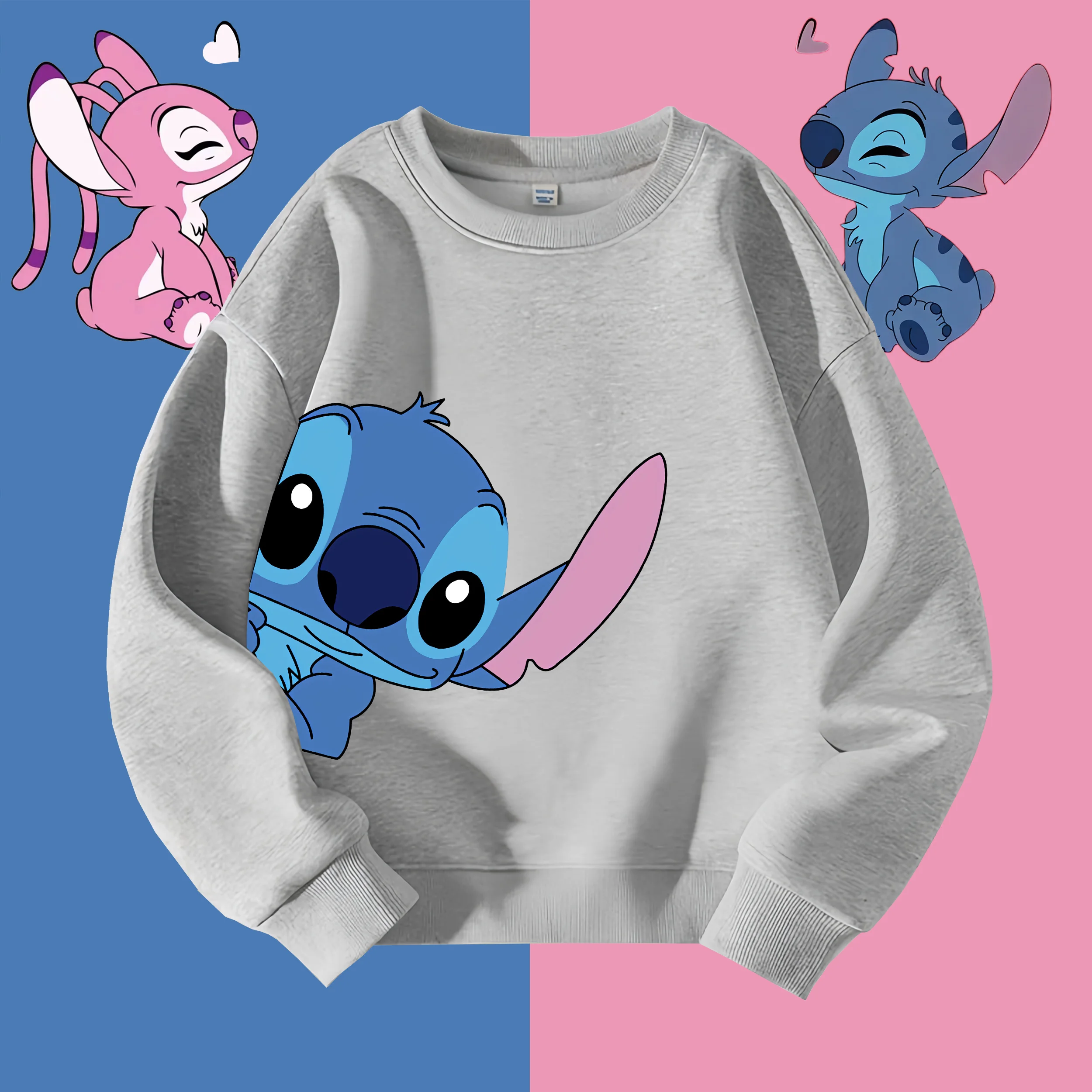 Parent-child Clothing Disney Stitch Round Neck Sweater Cute Cartoon Gray Round Neck Sweater Casual Clothing Couple Top