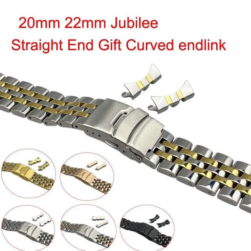

Jubilee 20mm 22mm 5 Rice Beads Stainless Steel Double Safety Clasp Watch Strap Silver Gold Black Band Straight Curved Endlink