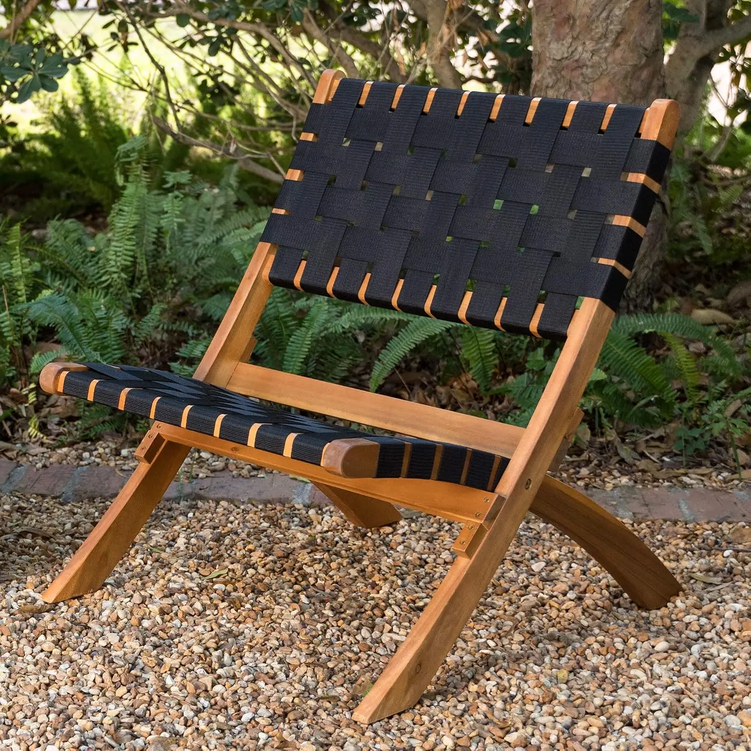 Patio Sense Sava Outdoor Folding Chair | Acacia Wood Construction | Black Woven Webbing Seat | For Indoors, Porch, Lawn