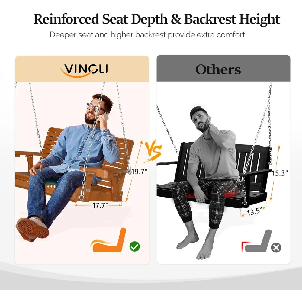 أرجوحة شرفة خشبية شديدة التحمل في الهواء الطلق مقاس XL مع حاملات أكواب، مقعد كرسي أرجوحة معلق بسعة 880 رطلاً