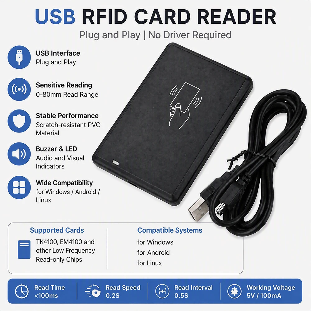 USB 125KHz RFID Card Reader Plug‑and‑Play No‑Driver TK4100 EM4100 Card Reader With Buzzer LED Indicator for Windows Linux Android System