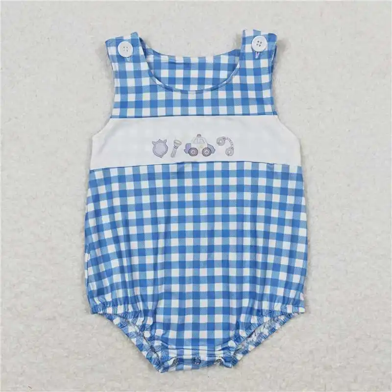 Wholesale hot sale western boutique baby kids newborn children toddler clothes Blue and white checkered lace camisole onesies