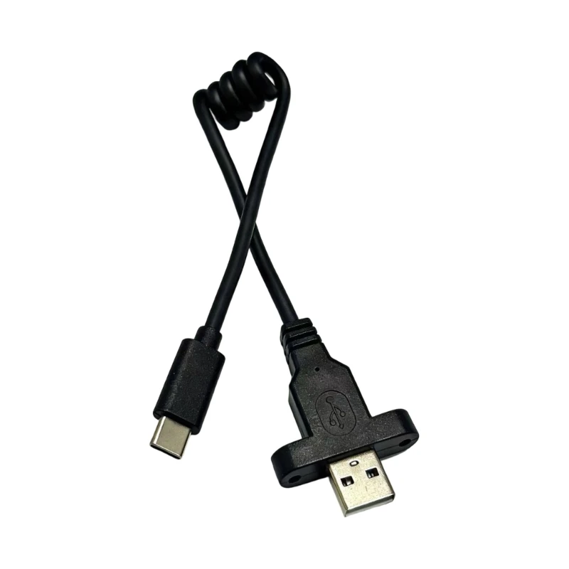 Q6PA USB-A to Type C Spring Cable with Screw-Lock Mount, USB 2.0 Charging and Data Cable for Docking Cabinets, Fixed Routing and
