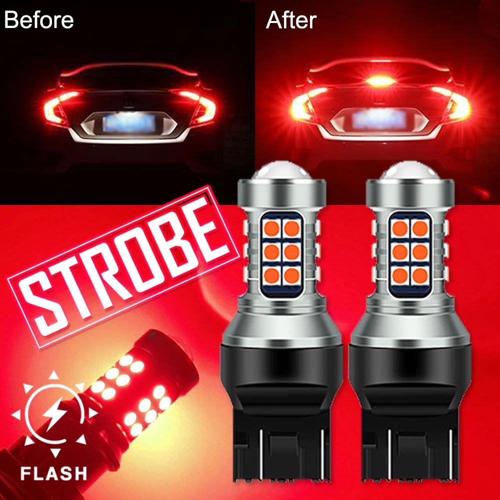 2pcs 1200LM T20 7443 W21/5W LED Red Strobe Flash Stop Light WY21W 3157 P27/7W LED Bulb for Car Brake Stop Light Tail Lamp