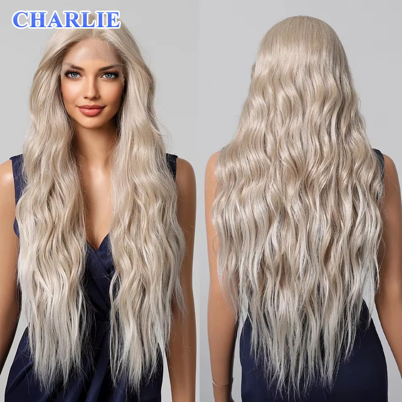 13x6 Lace Wig Long Synthetic Wavy Platinum Blonde Wigs for Women Daily Party Cosplay Wedding Use High Density Heat Resistant