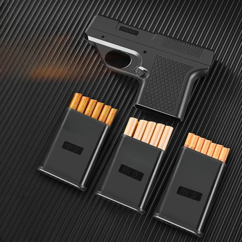 Capacity 10PCS Pistol Style Lighters with 3 Cigarette Case Jet Blue Flame Gas Lighter Windproof Cigar Lighter Gadgets for Men