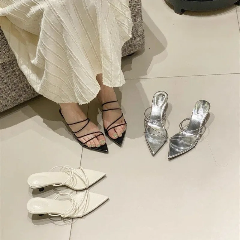

2025 High Quality Women's Fashionable and Sexy Slippers Elegant Narrow Band Dress Slides Ladies Dancing Party High Heel Shoes