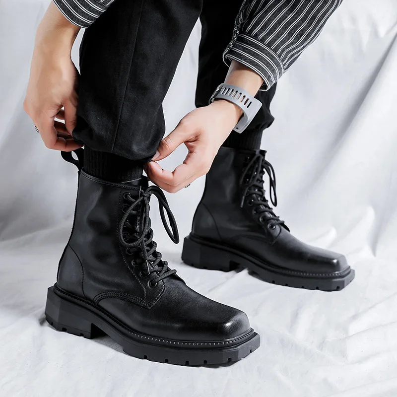 

men luxury fashion motorcycle boots brand designer shoes punk nightclub dress square toe original leather boot platform botas