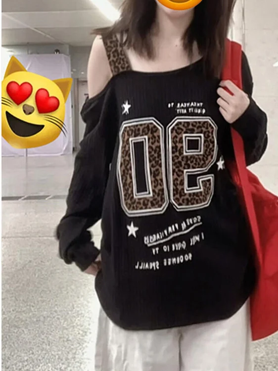 American Sle Leopard Print oulder Bared Long Sve T irt Women's Loose Slimming Spring Autumn New Faion Trendy Top