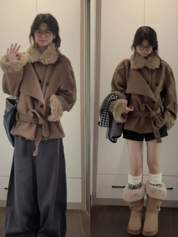 

Retro American Thiened Warm Cotton Jaet Unique Faionable Wool Collar Outerwear Straight Cut Long Sve Knitted Coat