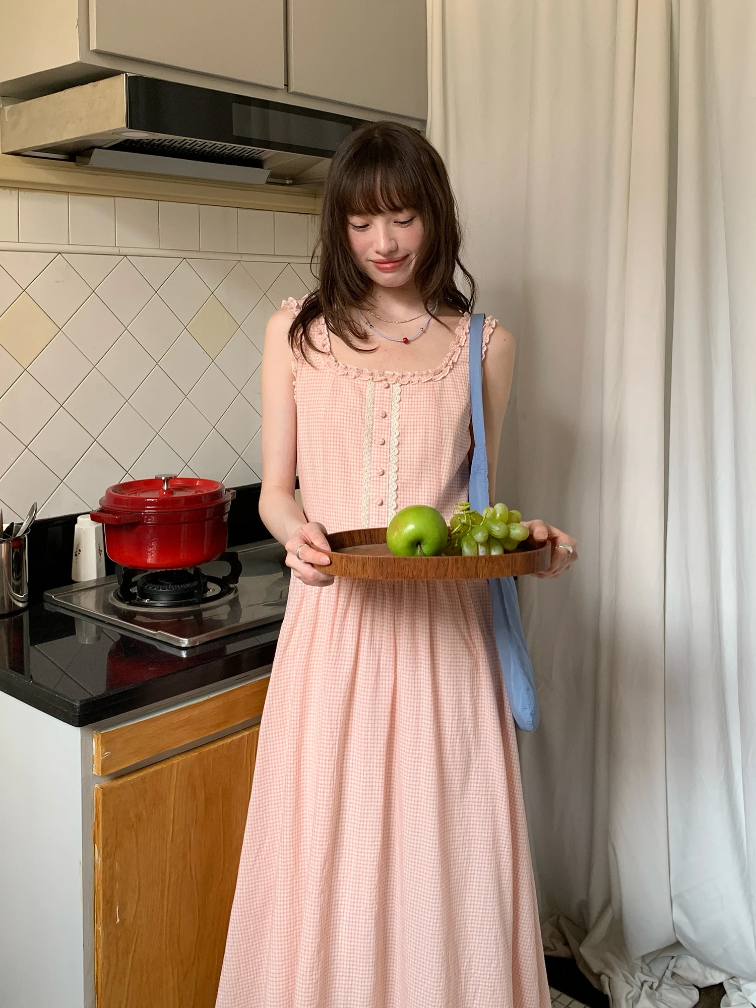 Damska luźna spódnica midi w stylu vintage z okrągłym dekoltem, w kratę, z koronkowym wykończeniem, idealna na lato, słodka, swobodna, w kształcie litery A.