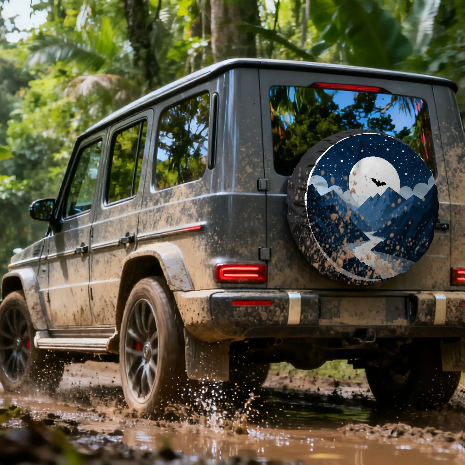 Tire Cover | Moonlit Mountain Scene Print Tire Protector, Polyester, Fits RVs, SUVs, Trucks | Cold Blue And White Illustration,