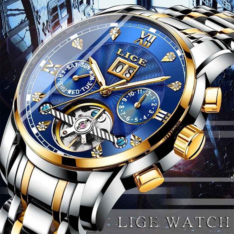 LIGE Automatic Watch Men Tourbillon Watch Luxury Business Mechanical Watches Men Stainless Steel Sports Clock Relogios Masculino